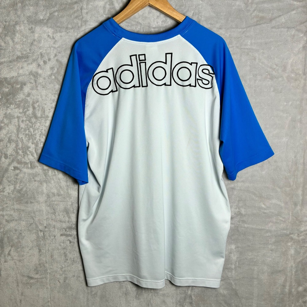 Adidas Mens XL White Blue Raglan Short Sleeve Graphic Athletic Jersey  -0217